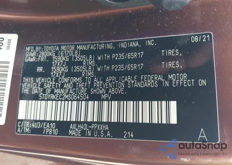 2021 Toyota Sienna Xle z USA, uszkodzony, nr VIN 5TDYRKEC2MS064504